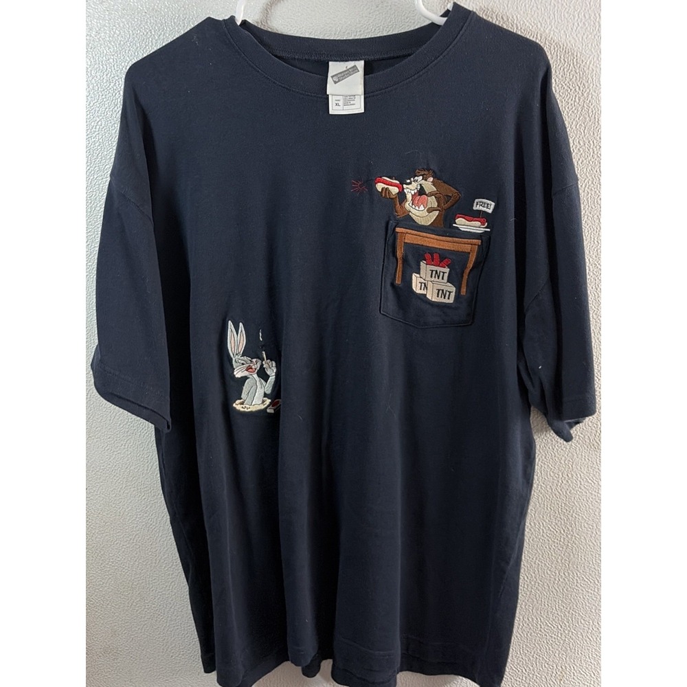 1999‎ Warner Bros Studio Store Bugs Bunny & Taz Pocket T Shirt Blue XL